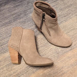 Western bootie taupe suede with cute woven detail